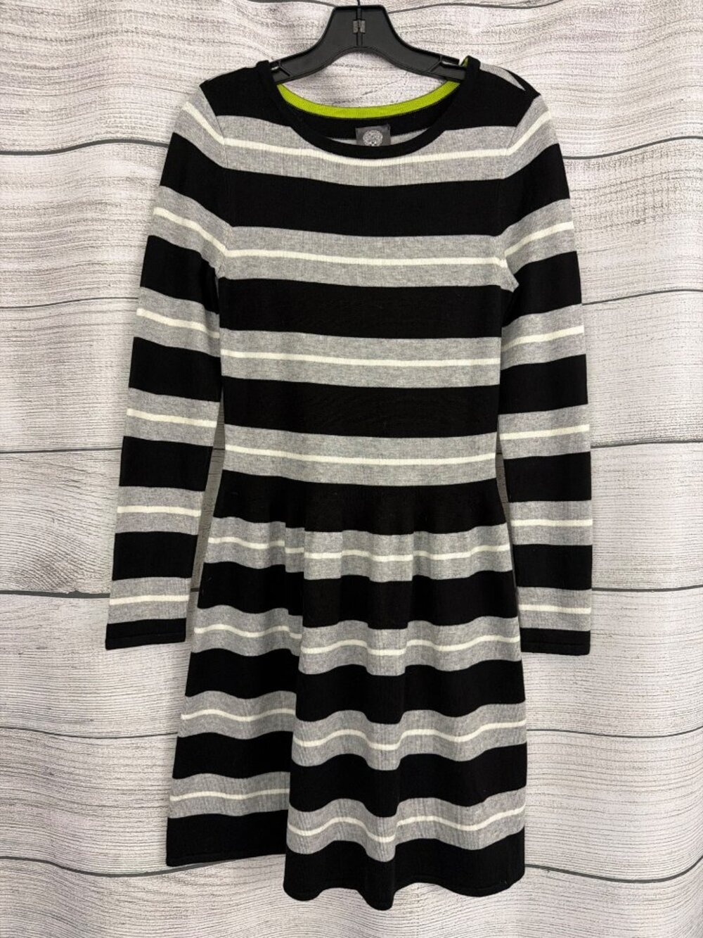 Vince Camuto Black & Gray Knit Striped Fit & Flare Sweater Dress Size S